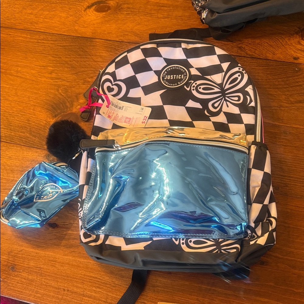 Justice Black and Blue Checkered Backpack Set